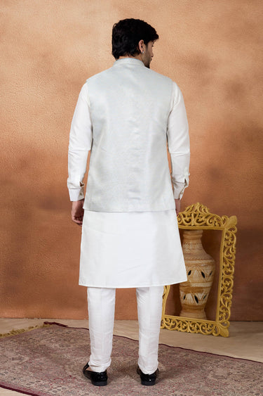 Beige Color Jacquard Wedding Wear Readymade Kurta And Aligadhi Pant For Men