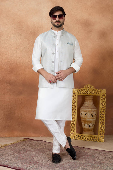 Beige Color Jacquard Wedding Wear Readymade Kurta And Aligadhi Pant For Men