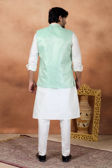 Jacquard Fabric Wedding Wear Beige Readymade Kurta And Aligadhi Pant For Men