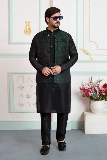 Dark Green Jacquard Fabric Men Readymade Kurta And Aligadhi Pant With Jacket For Wedding Wear