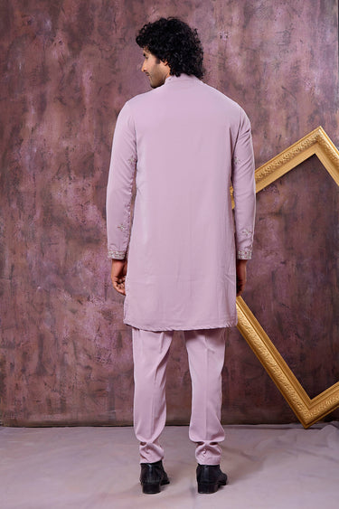 Embroidered Lavender Wedding Wear Readymade Kurta With Aligadhi Pant For Men