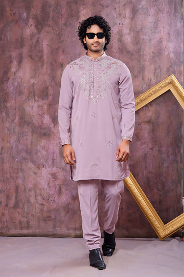 Embroidered Lavender Wedding Wear Readymade Kurta With Aligadhi Pant For Men