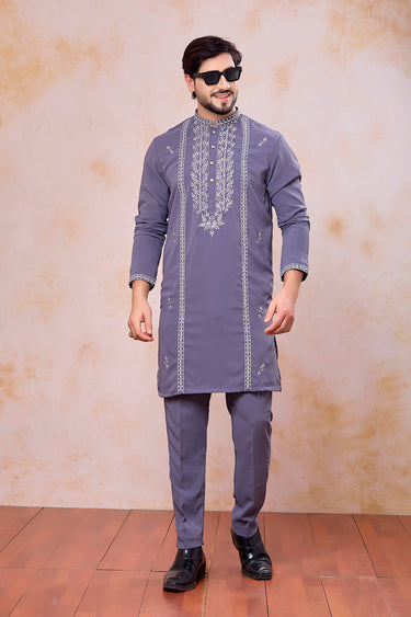 Embroidered Purple Wedding Wear Readymade Kurta With Aligadhi Pant For Men