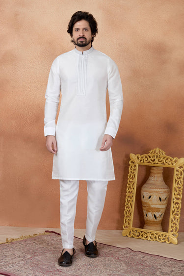 Art Silk Fabric Off White Men Readymade Kurta Pyjama For Function Wear