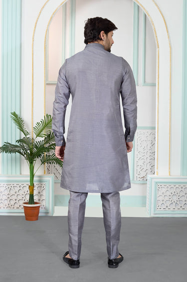 Art Silk Grey Men Readymade Kurta With Aligadhi Pant For Function Wear