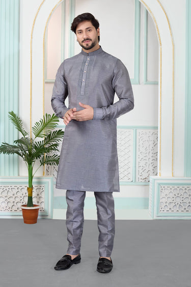 Art Silk Grey Men Readymade Kurta With Aligadhi Pant For Function Wear