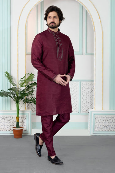 Maroon Art Silk Fabric Function Wear Readymade Kurta Pyjama For Men