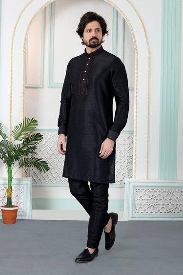 Art Silk Black Men Readymade Kurta Pyjama For Function Wear