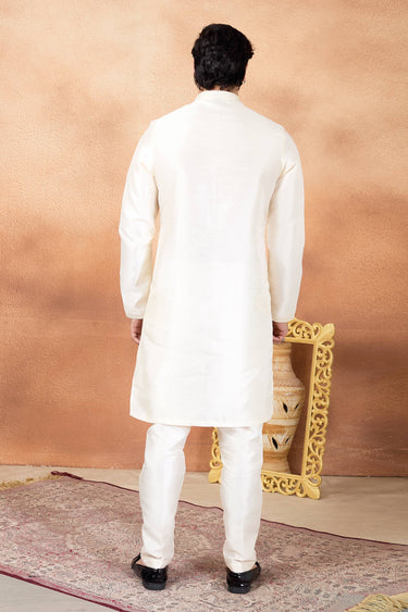Cream Function Wear Art Silk Readymade Kurta With Aligadhi Pant For Men