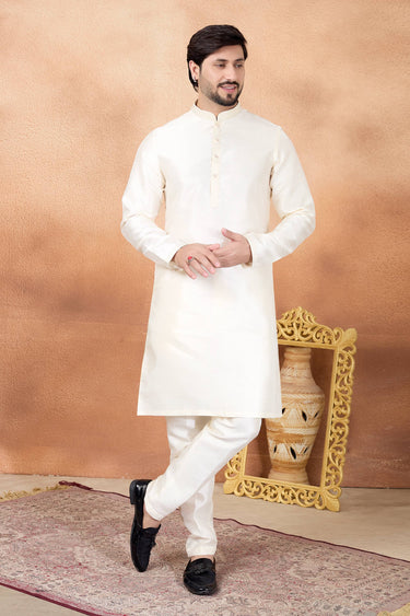 Cream Function Wear Art Silk Readymade Kurta With Aligadhi Pant For Men