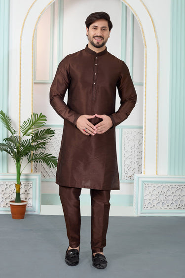 Brown Art Silk Men Readymade Kurta Pyjama For Function Wear