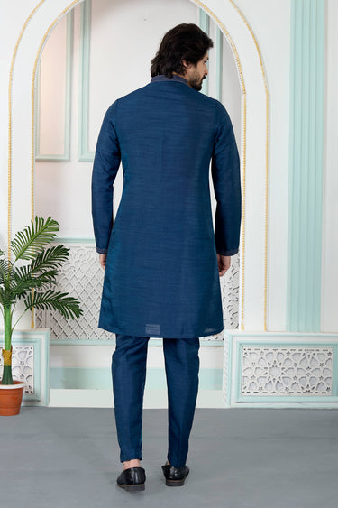 Art Silk Blue Function Wear Readymade Kurta Pyjama For Men