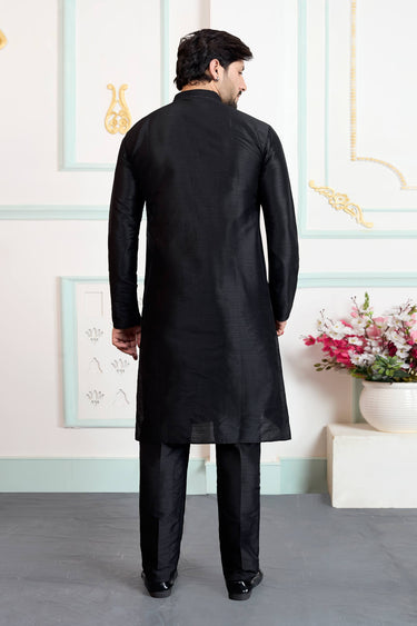 Art Silk Fabric Black Men Readymade Kurta With Aligadhi Pant For Function Wear