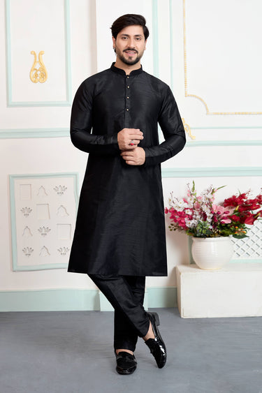 Art Silk Fabric Black Men Readymade Kurta With Aligadhi Pant For Function Wear