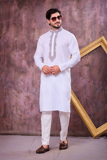 Cotton Off White Sangeet Wear Readymade Kurta With Aligadhi Pant For Men