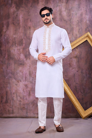 Off White Sangeet Wear Embroidered Readymade Kurta With Aligadhi Pant For Men