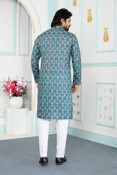 Art Silk Fabric Teal Festive Wear Readymade Kurta With Aligadhi Pant For Men