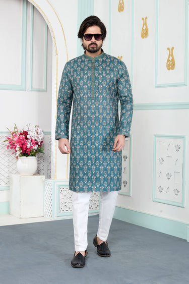 Art Silk Fabric Teal Festive Wear Readymade Kurta With Aligadhi Pant For Men
