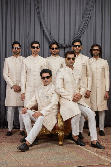 Jacquard Fabric Beige Readymade Indo Western For Men