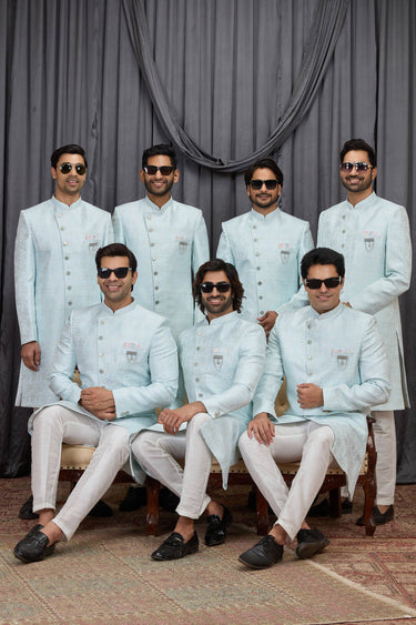 Sky Blue Wedding Wear Jacquard Fabric Readymade Indo Western For Men