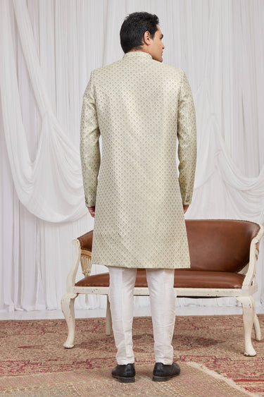Beige Wedding Wear Jacquard Fabric Readymade Indo Western For Men