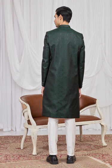 Jacquard Fabric Dark Green Wedding Wear  Readymade Indo Western For Men