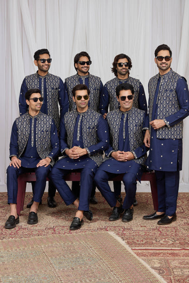 Art Silk Embroidered Blue Readymade Kurta Pyjama With Jacket For Men