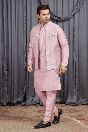 Pink Sangeet Wear Embroidered Readymade Kurta Pyjama With Jacket For Men