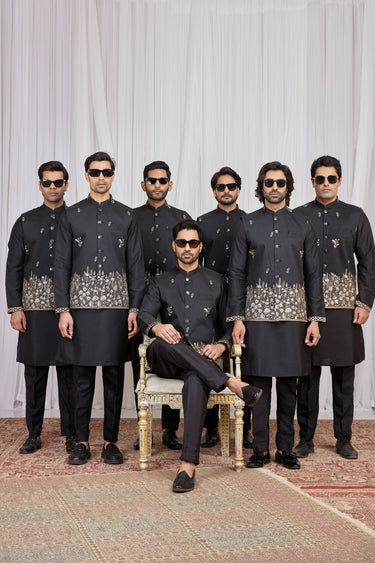 Embroidered Black Sangeet Wear Readymade Kurta Pyjama With Jacket For Men