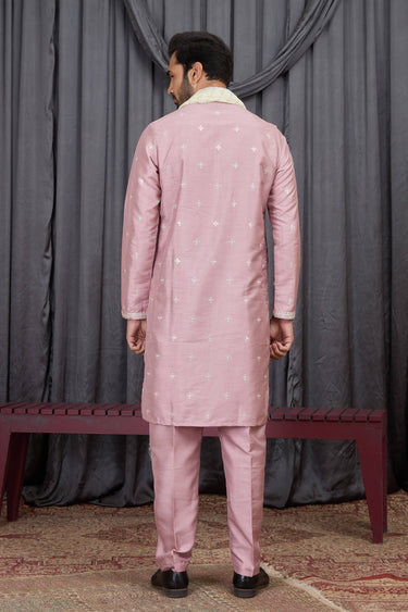 Pink Festive Wear Art Silk Fabric Readymade Kurta Pyjama With Stole For Men