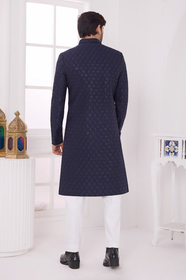 Mens Classic Thread Work Rich Navy Blue Silk Indo Western Sherwani With Aligadhi Pant