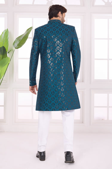 Mens Exclusive Thread Work Rich Teal Fancy Silk Designer Wedding Indo Western Sherwani