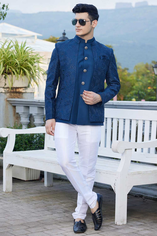 Trendy Blue Color Readymade Jodhpuri Jacket In Art Silk Fabric