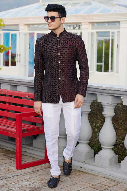 Wine Readymade Stylish Jodhpuri Jacket In Velvet Fabric