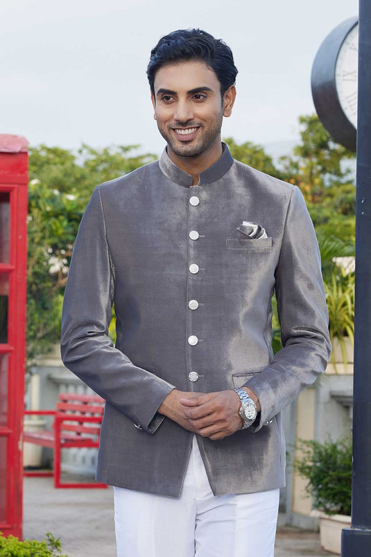 Velvet Grey Dazzling Jodhpuri Jacket For Wedding Function