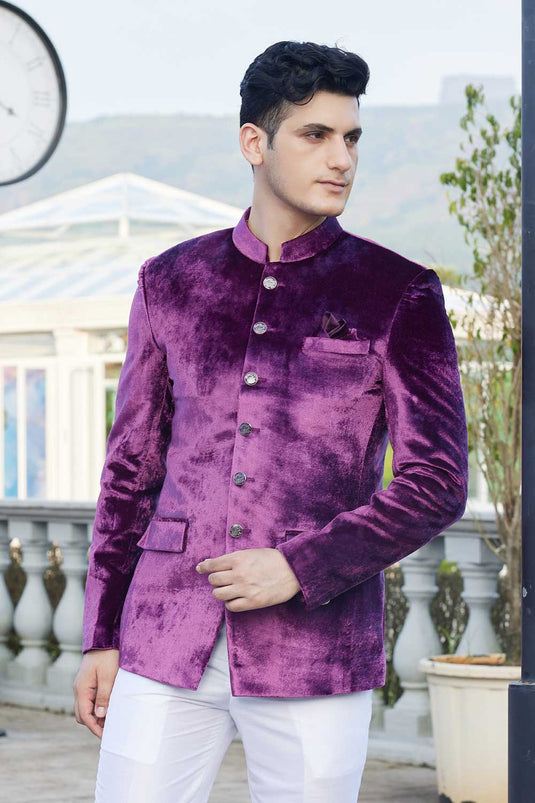 Magenta Color Velvet Fabric Designer Readymade Jodhpuri Jacket