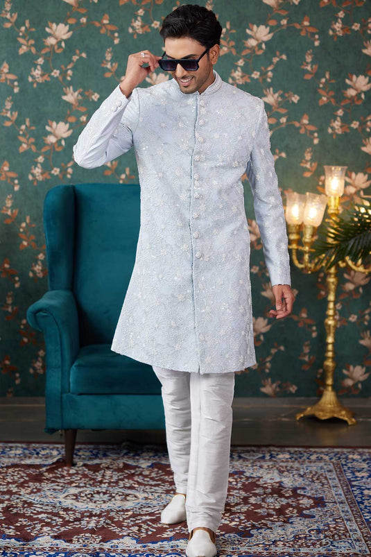 Dusky Sky Blue Color Art Silk Fabric Readymade Sherwani For Men