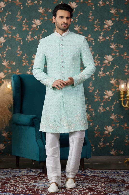 Blissful Sea Green Color Art Silk Fabric Wedding Wear Sherwani For Men