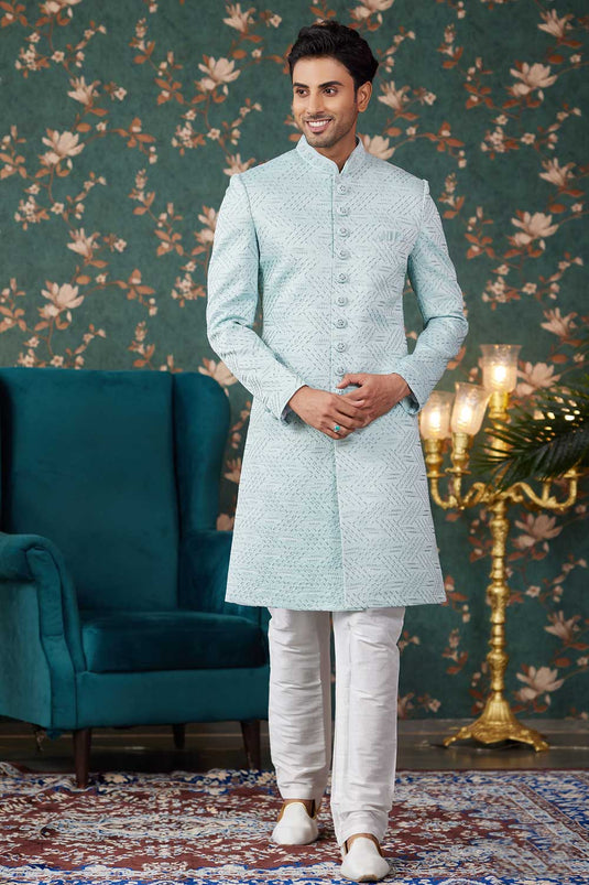 Readymade Majestic Sea Green Color Art Silk Fabric Sherwani For Men