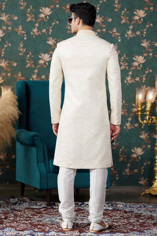 Fascinate Art Silk Fabric Wedding Wear Sherwani For Men In Beige Color