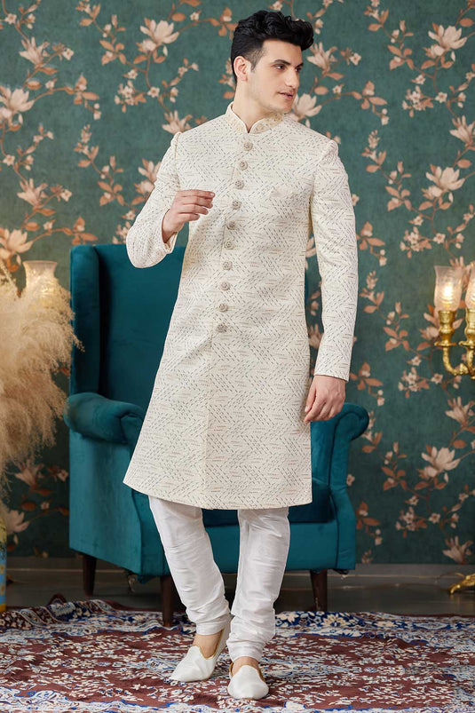 Fascinate Art Silk Fabric Wedding Wear Sherwani For Men In Beige Color