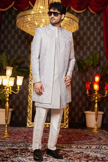 Art Silk Grey Color Wedding Function Designer Men 3 Piece Indo Western