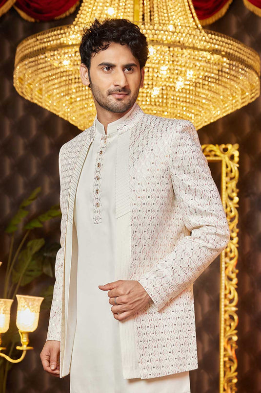 Art Silk Cream Coloe Wedding Wear Lovely 3 Piece Indo Western For Men