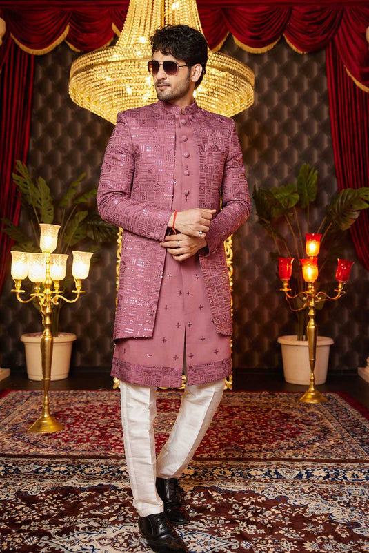 Pink Art Silk Fabric Magnificent Men 3 Piece Indo Western