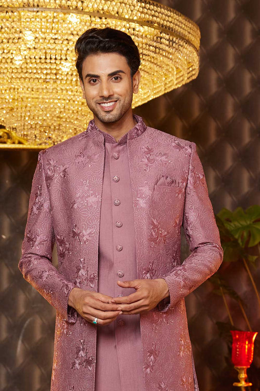 Art Silk Fabric Heavy Embroidered Pink Color 3 Piece Indo Western For Men