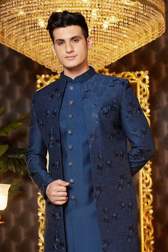 Heavy Embroidered Blue Color Art Silk Fabric 3 Piece Indo Western For Men