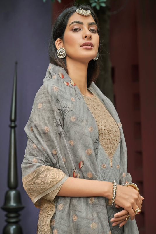 Attractive Digital Printed Grey Color Casual Salwar Kameez In Chanderi Jacquard Fabric