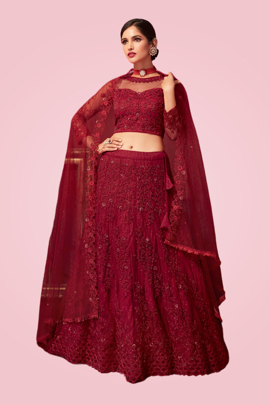 Embroidered Red Color Lehenga Choli In Net Fabric