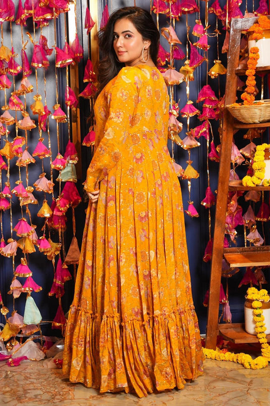 Yellow Color Chinon Fabric Charming Readymade Sharara Suit With Koti