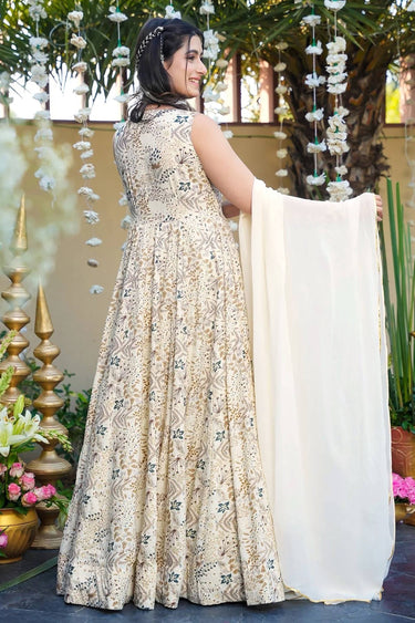 Rayon Beige Printed Readymade Anarkali Salwar Suit